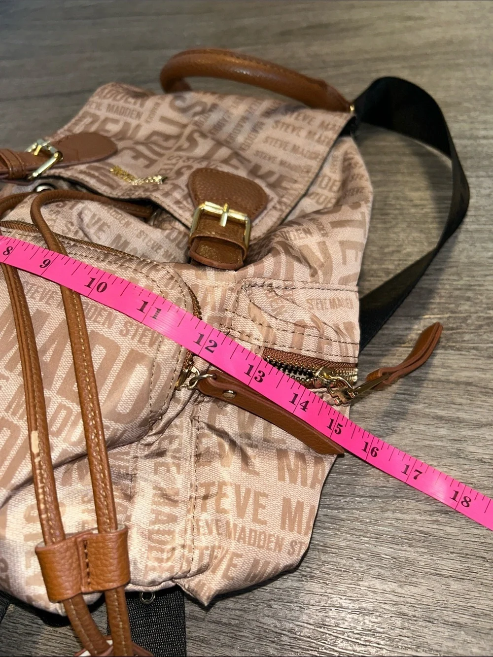 Steve Madden Logo Print Mini Backpack Tan Brown Nylon Drawstring Bag